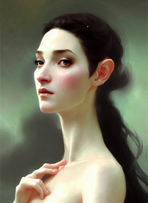 Prompt: character concept portrait of a fairy with pointy ears and an elegant gown, pale face, intricate, elegant, digital painting, concept art, smooth, sharp focus, illustration, from Metal Gear, by Ruan Jia and Mandy Jurgens and William-Adolphe Bouguereau, Artgerm