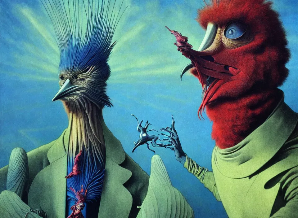 Image similar to realistic detailed portrait movie shot of a birdman wearing a dark blazer, sci fi landscape background by denis villeneuve, amano, yves tanguy, alphonse mucha, ernst haeckel, max ernst, roger dean, masterpiece, rich cold moody colours, dog teeth, blue eyes