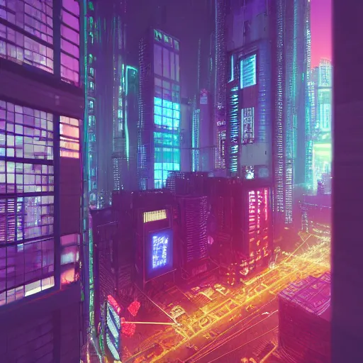 Prompt: looking outside from a penthouse suite in the middle of a cyberpunk city at night by beeple, neon lights, very detailed, flying cars, blade runner 2 0 4 9