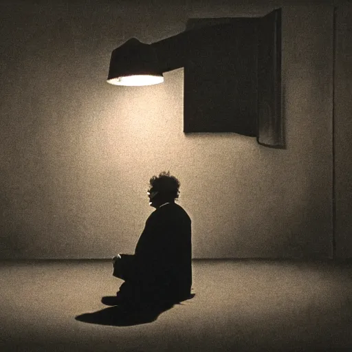 Image similar to a man sitting on the floor in front of a lamp, a surrealist painting by Syd Barrett, cg society, video art, movie still, reimagined by industrial light and magic, pre-raphaelite