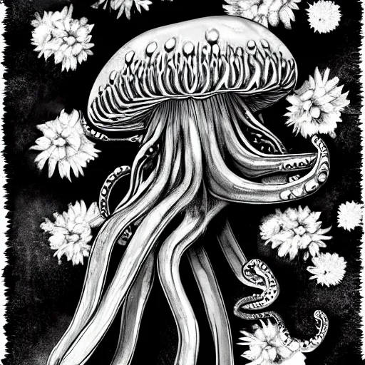 Image similar to hyperrealistic clicker from the last of us, flowers blooming and bursting, octopus, jellyfish, black and white, high contrast, soft focus, sharp, red, highly detailed