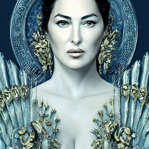 Image similar to Monica Bellucci as a Goddess sitting on a throne, Highly detailed, concept art