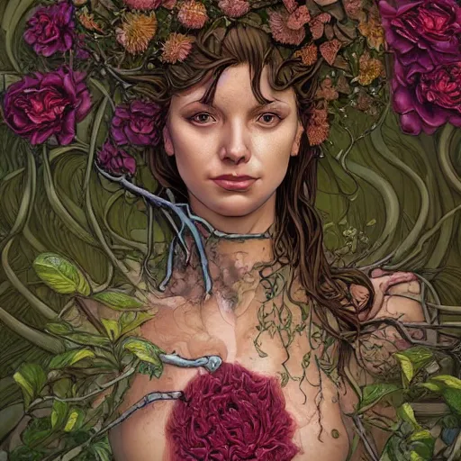 Image similar to a beautiful detailed front view portrait of a rotten woman corpse with plants and fractal flowers growing around, artgerm, joshua middleton comic cover art,