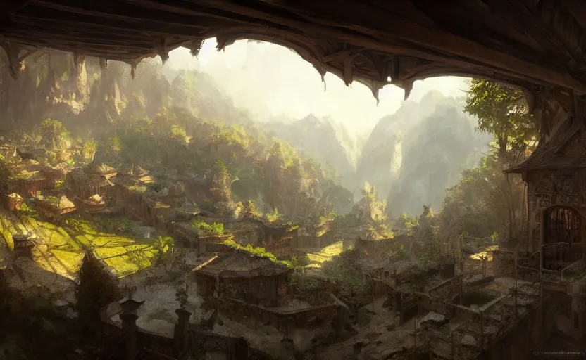 Image similar to painting of a series of opposing living quarters overlooking communal area carved into a mountain, lush garden with hot spring between, cozy bed, well maintained, clean, medieval, fantasy genre, natural light, fantasy, natural light, concept art, by greg rutkowski and craig mullins, cozy atmospheric and cinematic lighting, trending on artstation