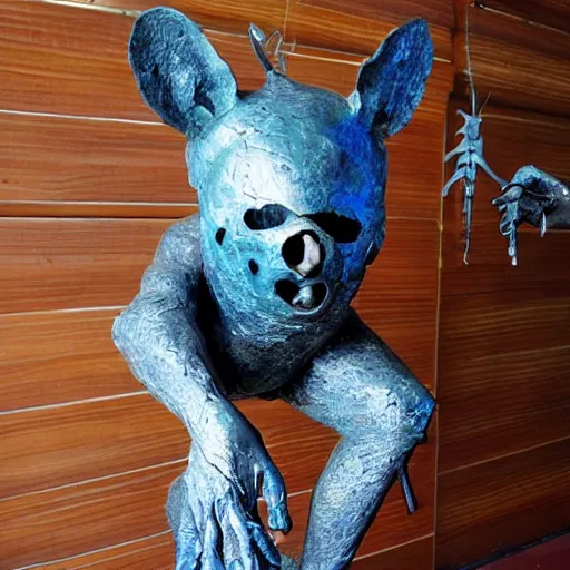 Image similar to a weird conterporary art sculpture from blue furr and metal