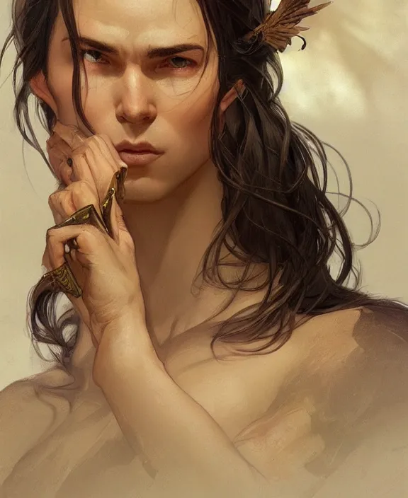 Image similar to portrait close up of guy, concentrated look, d & d, fantasy, intricate, elegant, highly detailed, digital painting, artstation, concept art, art by artgerm and greg rutkowski and alphonse mucha, boris vallejo