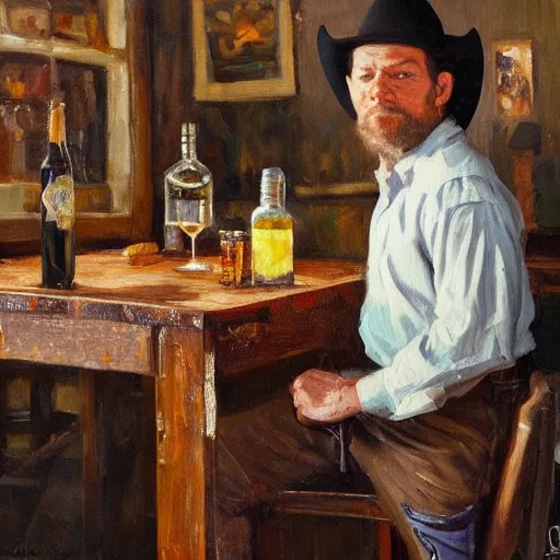 Prompt: modern oil painting portrait of cowboy at table with bottle in western saloon, 1890, masterpiece, realistic and detailed, artstation, interesting lightning