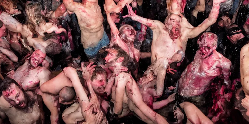 Image similar to a rave of flesh, melting, party, claustrophobic, ultra-realistic