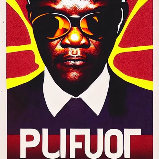 Prompt: movie poster of pulp fiction starring samuel jackson instead of uma thurman