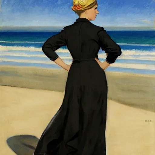 Prompt: woman in black dress on the beach, leyendecker style,