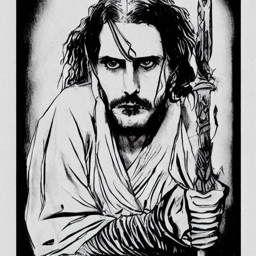 Image similar to pen and ink!!!! attractive 22 year old Frank Zappa x Jared Leto golden Vagabond magic swordsman glides through a beautiful battlefield magic the gathering dramatic esoteric!!!!!! pen and ink!!!!! illustrated in high detail!!!!!!!! by Hiroya Oku!!!!! Written by Wes Anderson graphic novel published on shonen jump 2002 award winning!!!!