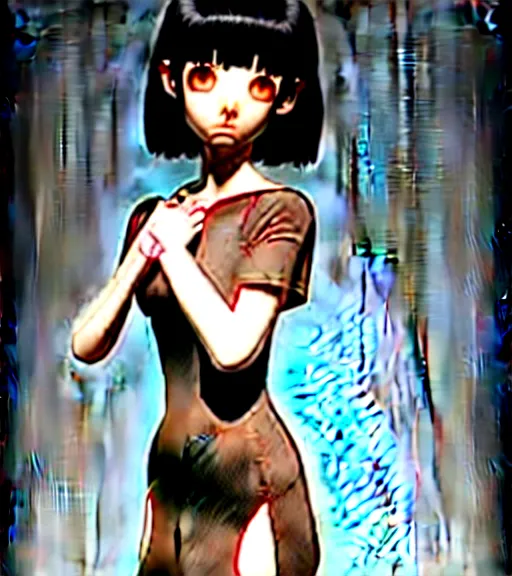 Image similar to girl with morbid thoughts wearing a black spring dress with short brown hair, queen of sharp needles and under the effect of psychosis, by Range Murata, Katsuhiro Otomo, Yoshitaka Amano, and Artgerm. 3D shadowing effect, 8K resolution.