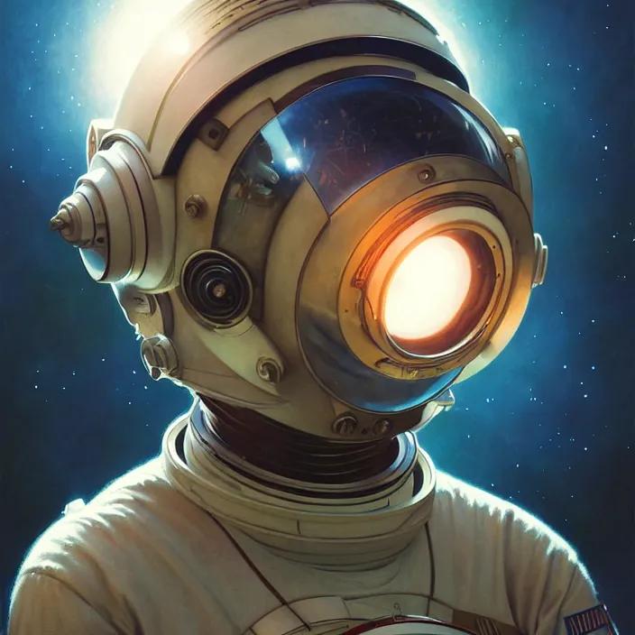 Prompt: ultra realistic retro futuristic astronaut helmet, lens flare, diffuse lighting, fantasy, intricate, elegant, highly detailed, lifelike, photorealistic, digital painting, artstation, illustration, concept art, smooth, sharp focus, art by John Collier and Albert Aublet and Krenz Cushart and Artem Demura and Alphonse Mucha