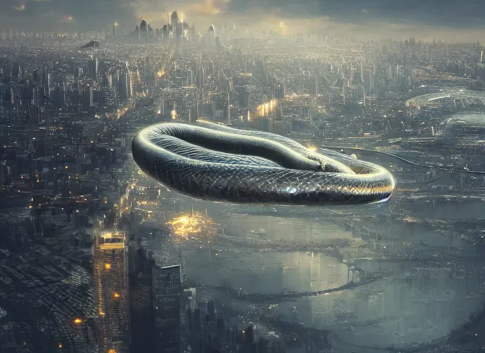 Prompt: a giant metallic snake over a city, digital art, realistic, artstation, soft colours, cinematic