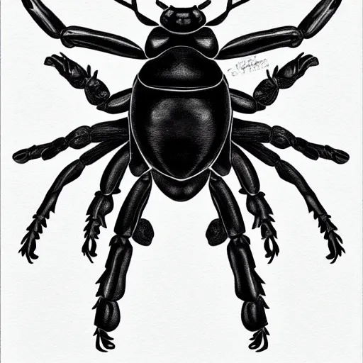 Prompt: black stag beetle full body, black and white, botanical illustration, black ink on white paper, bold lines