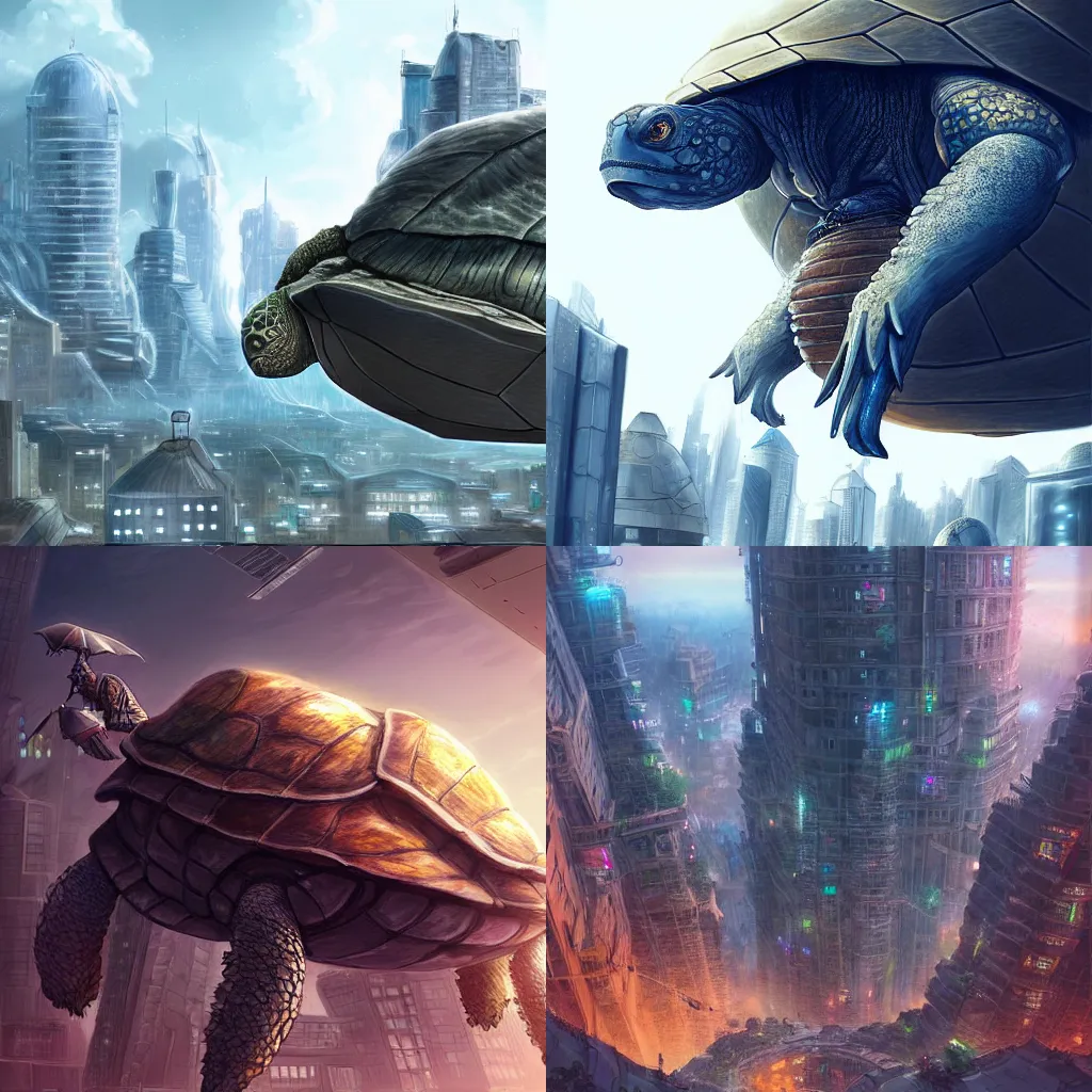 Prompt: realistic digital art of a city being completely carried on the back of a ginormous turtle, far away, futuristic, artstation, anime, super detailed!