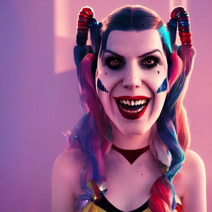 Image similar to portrait of Anna Kendrick as harley quinn. intricate abstract. intricate artwork. by Tooth Wu, wlop, beeple, dan mumford. octane render, trending on artstation, greg rutkowski very coherent symmetrical artwork. cinematic, hyper realism, high detail, octane render, 8k, iridescent accents