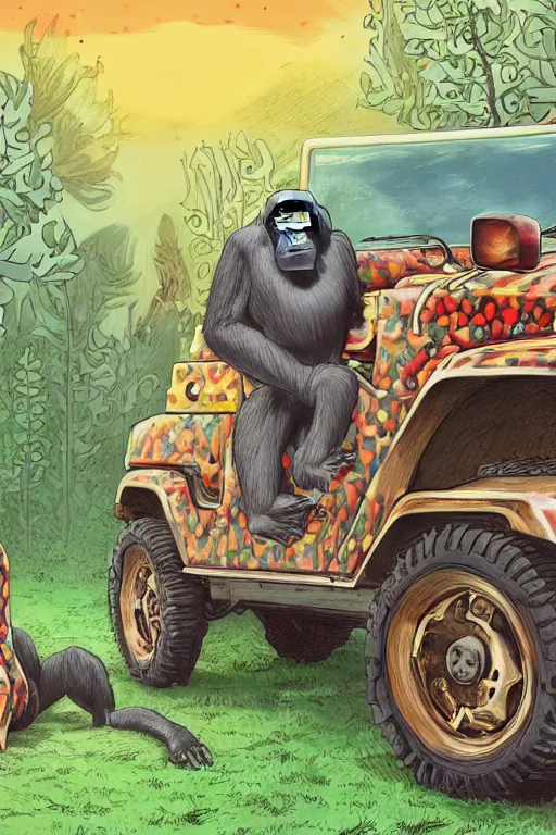 Prompt: gorillas standing by jeep holding a amanita muscaria, sunshine, by alba ballesta gonzalez and moebius. 4 k wallpaper, digital flat 2 d, japan animation, comic book, illustration, cinematic lighting, smooth sharp focus