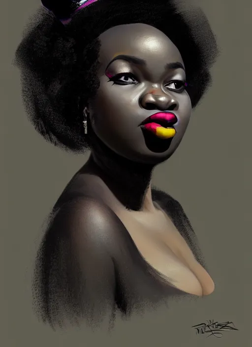 Image similar to portrait of a plump african woman with a crooked nose and a confident expression, 1 9 6 0 s, black clothes, goth, punk, brightly coloured hair, funk, intricate, elegant, highly detailed, digital painting, artstation, concept art, smooth, sharp focus, illustration, art by wlop, mars ravelo and greg rutkowski