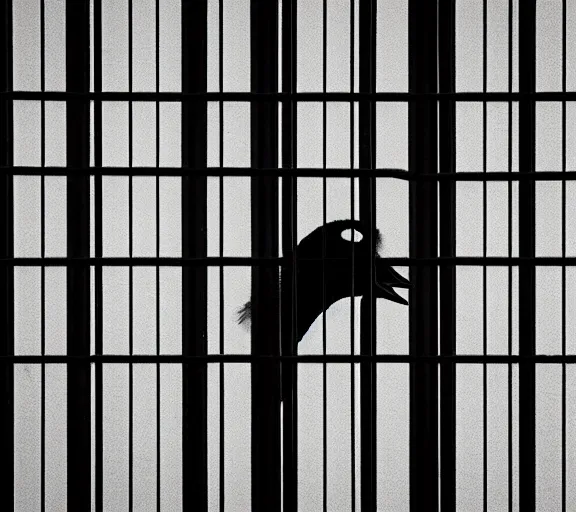 Prompt: Joachim Brohm photo of 'canada goose perched behind jail bars', high contrast, high exposure photo, monochrome, DLSR, grainy, close up, low quality