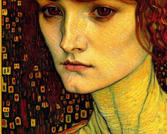 Image similar to detailed realistic beautiful young medieval queen face portrait by jean delville, gustav klimt and vincent van gogh, art nouveau, symbolist, visionary, gothic, pre - raphaelite, muted earthy colors, desaturated