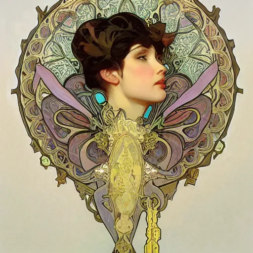 Prompt: alphonse mucha, j. c. leyendecker, and ruan jia combined art