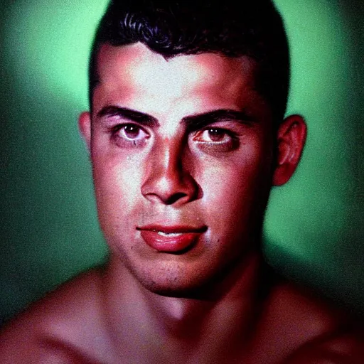 Image similar to portrait of ronaldo luis nazario de lima by yousuf karsh, holy halo, neon ambient lighting, high detail