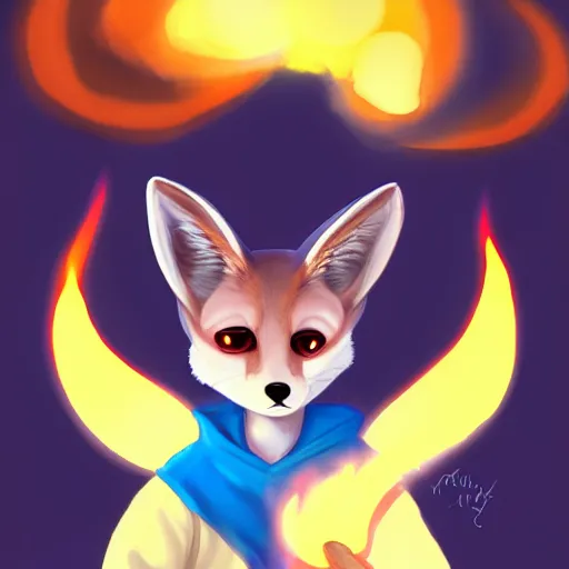 Prompt: furaffinity furry art of an anthro fennec character holding fireballs and wearing a blue sweatshirt, digital painting, detailed, cute, big eyes