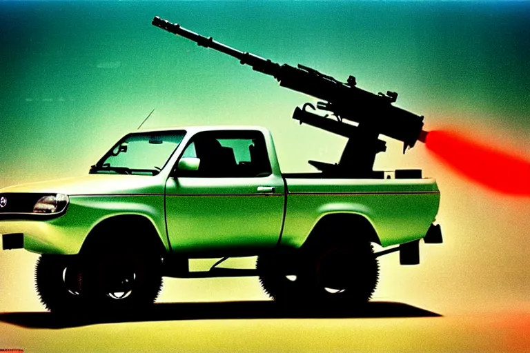 Prompt: stylized poster of a toyota hilux with an anti - aircraft gun in the back concept, thick neon lights, ektachrome photograph, volumetric lighting, f 8 aperture, cinematic eastman 5 3 8 4 film