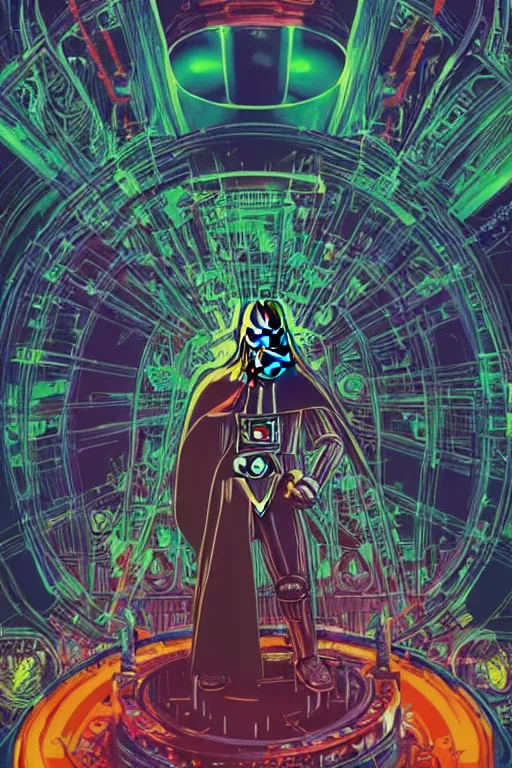 Image similar to darth vader dj standing on a giant science fiction neon turntable at a astronaut rave, anti gravity, digital art, winning award masterpiece, fantastically beautiful, intricate, illustration, dan mumford, geof darrow, moebius, artgerm, alphonse mucha, roger dean,, 8 k