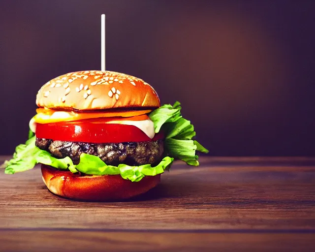 Prompt: gourmet juicy burger from a fast food restaurant, depth of field, food photography, isometric, tasty, mcdonalds, wide shot, studio, bokeh, gmaster, cooking, food, kodak, sony, canon