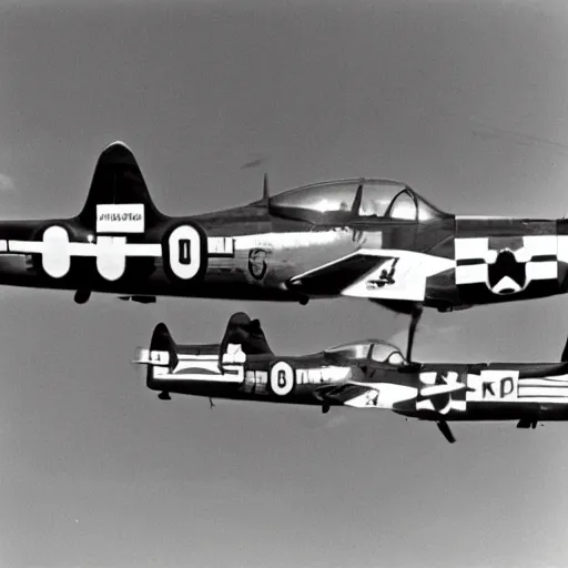 Image similar to black and white photograph of north american p - 5 1 mustangs in flight.