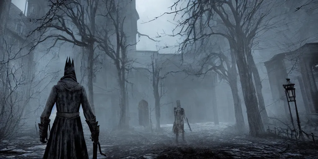 Prompt: mix between silent hill and bloodborne, terrifying, dark