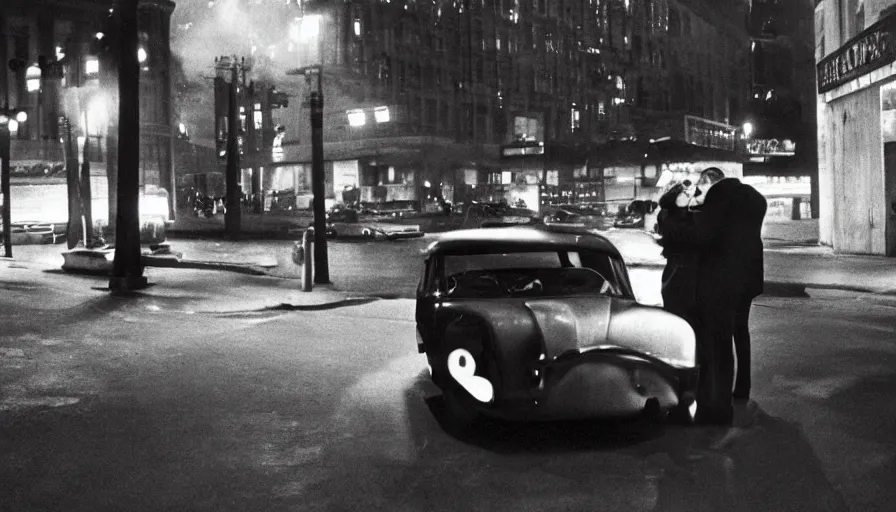 Prompt: “A still from a modern French art house movie 1960’s. City street, car, man and woman in love, Cinematic lighting, highly detailed, close-up,”