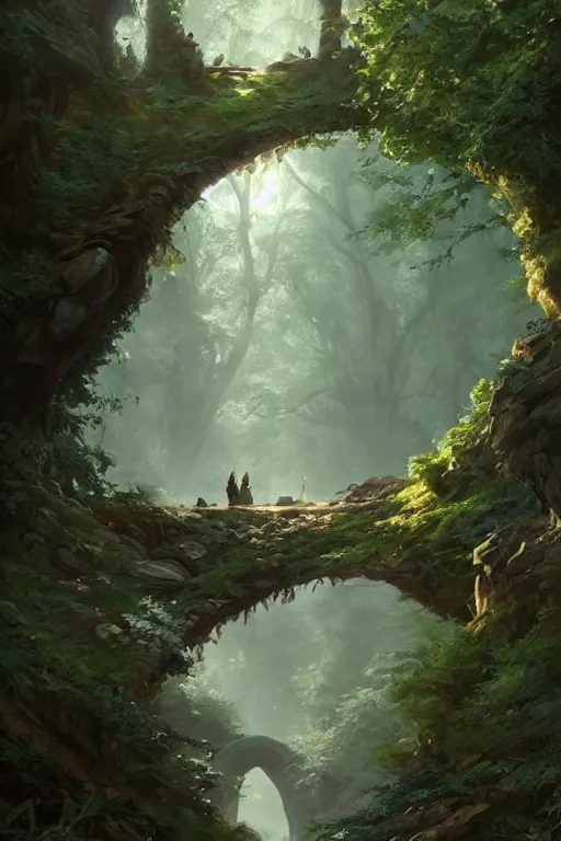 Prompt: big arch made of stones in a forest, d & d, fantasy, intricate, elegant, highly detailed, digital painting, artstation, concept art, matte, sharp focus, illustration, hearthstone, art by artgerm and greg rutkowski and alphonse mucha