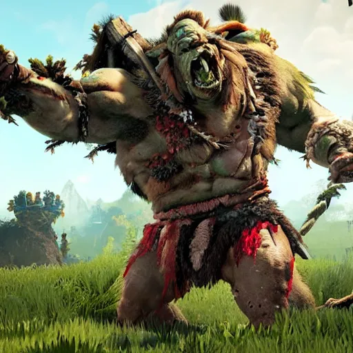 Image similar to gameplay of a orc brute bleeding in the style of horizon zero dawn