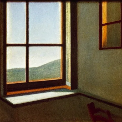 Image similar to Liminal interior seen through an exterior window, in the style of Edward Hopper and Vilhelm Hammershøi and Albert Bierstadt