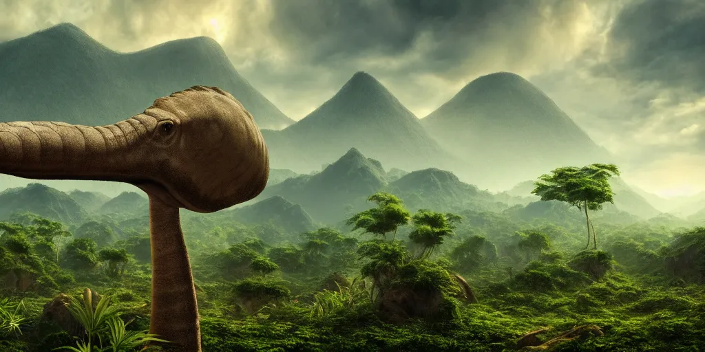 Image similar to a distant prehistoric fern jungle, a distant sauropod head in the background, mountains, clouds, volumetric lighting, hazy, washed out, an award winning digital render, beautiful, ultradetailed, hyperrealistic, great composition