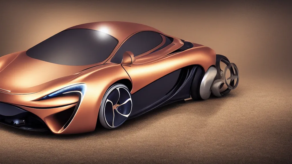 Image similar to soft bokeh front shot photo of a mclaren steampunk concept car, cinematic, fine details, symmetrical, 4 k, digital art, wallpaper