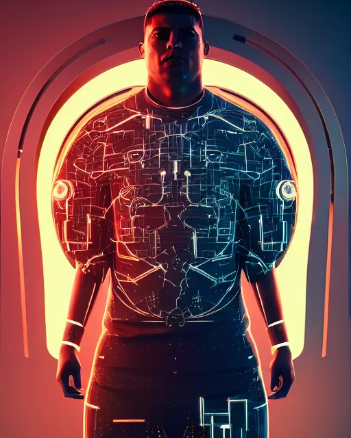 Prompt: ronaldo nazario as a cyborg. intricate abstract. intricate artwork. by tooth wu, wlop, beeple, dan mumford. octane render, trending on artstation, greg rutkowski very coherent symmetrical artwork. cinematic, hyper realism, high detail, octane render, 8 k, iridescent accents