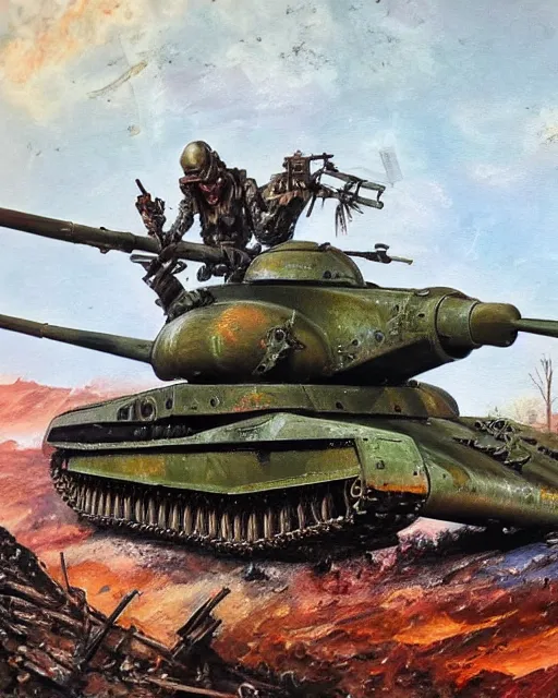 Prompt: ( ( t - 3 4 ) ) mech!!! armed with a 7 5 mm cannon for an arm, giant humanoid figure, oil painting, ( ( ( soviet tank ) ) ), tribal yurta, postapocalyptic, sharp focus