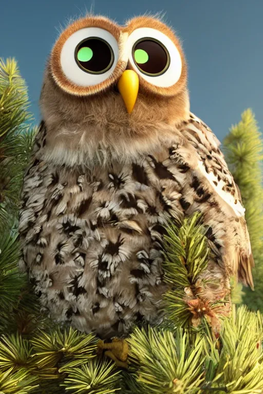 Image similar to funny disheveled owl sits on a pine tree. pixar disney 4 k 3 d render funny animation movie oscar winning trending on artststion and behance. oscar award winning.