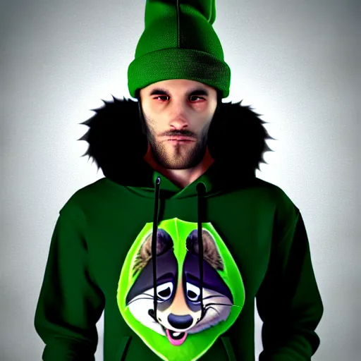 Image similar to a very relaxed stoner with a black hoodie on with a marijuana themed dark green raccoon head from zootopia, wearing beanie, smoking, 3 d render, extremely detailed fur, wearing a marijuana t - shirt