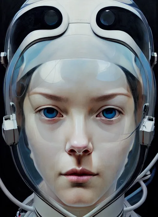 Image similar to artwork by james jean and Phil noto; a close up on the face of a beautiful woman in a future space suit; wearing futuristic astronaut helmet; highly detailed; pretty eyes; circular black pupils; artwork by james jean and Phil noto