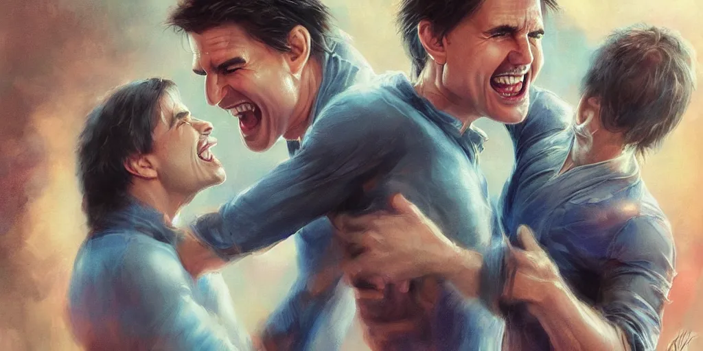 Image similar to hyper realistic tom cruise hanging out with tom cruise at a bar, all overly excited, jaw unhinged with laughter and smiling, all teeth, by greg rutkowski, scott m fischer, artgerm, loish, slight glow, atmospheric, anne stokes, alexandros pyromallis