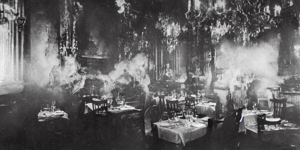 Prompt: the interior of a luxury restaurant that is burning while odd monsters appear in the background, 1 9 0 0 s photograph