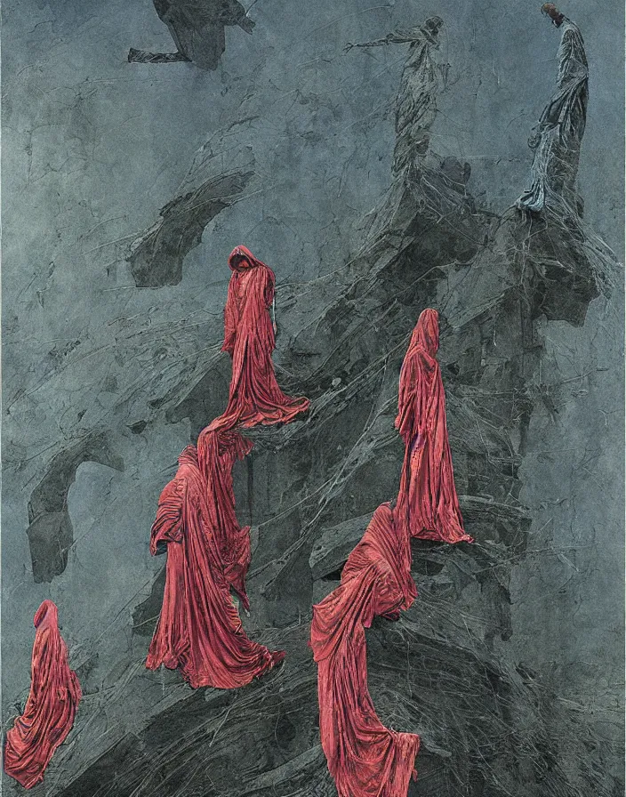 Image similar to worshippers in robes ascending a spiral staircase, high detailed beksinski painting, part by adrian ghenie and gerhard richter. art by takato yamamoto. masterpiece, deep colours, blue