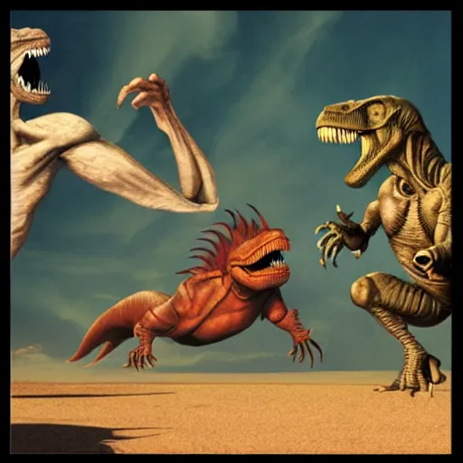 Image similar to t - rex fighting aliens