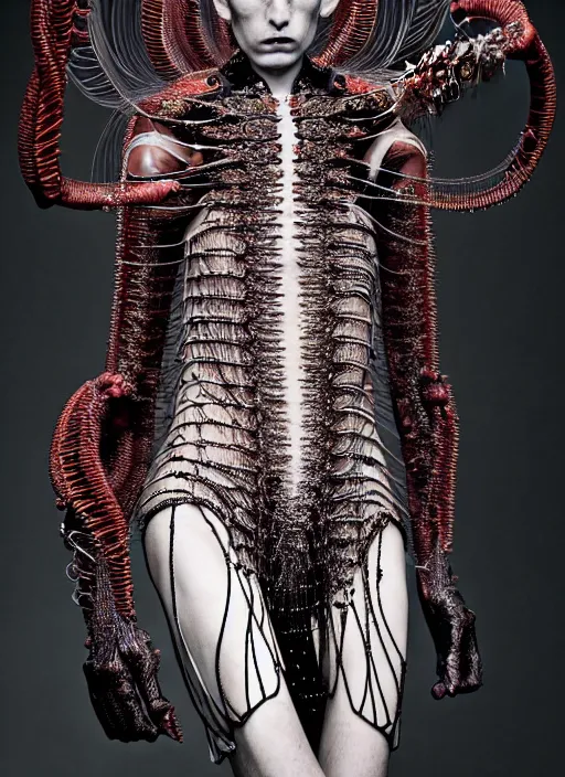 Image similar to walking down the catwalk, steven klein, show, stage, vogue photo, podium, fashion show photo, historical baroque dress, iris van herpen, beautiful woman, full body shot, masterpiece, intricate, wires, veins, jellyfishs, biopunk, guyver, highly detailed