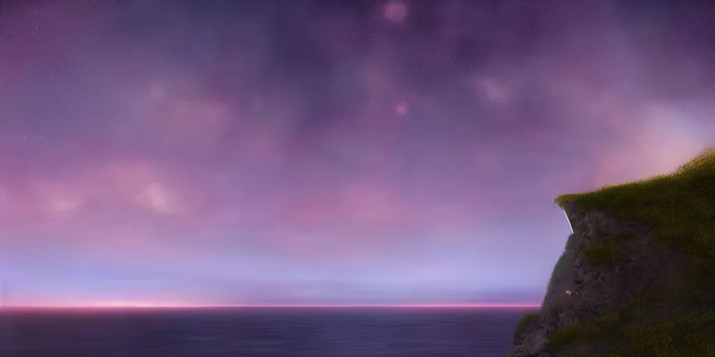 Image similar to Field on the edge of a cliff overlooking the ocean at night by Jessica Rossier, purple color scheme